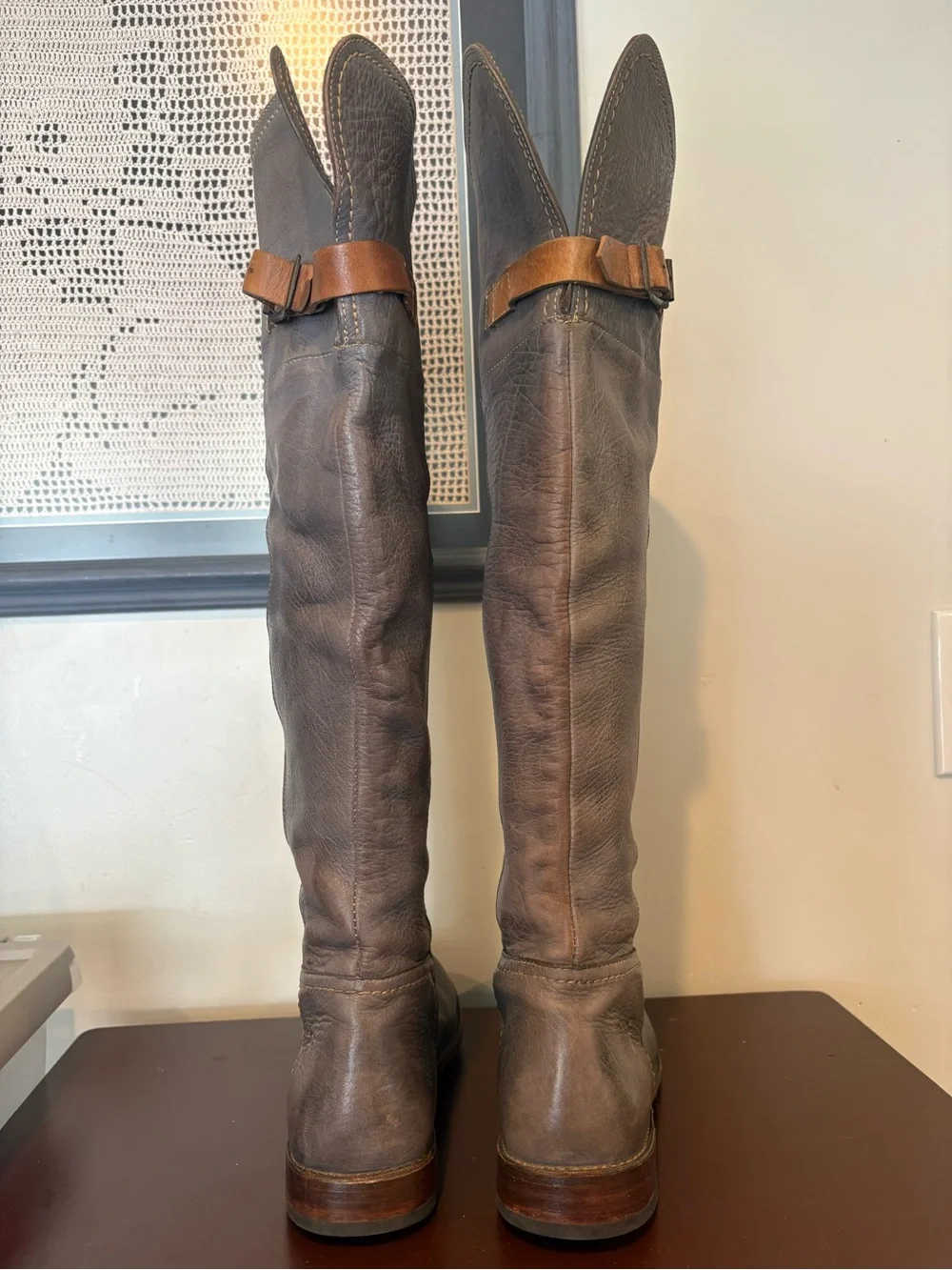 FRYE Paige Cuff Tall Over The Knee Boots Slate Grey Leather Boho Indie Western
